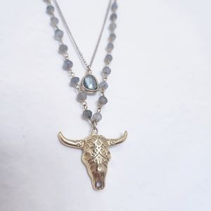 Tess + Tricia Double Strand Stone and Longhorn Pendant Necklace